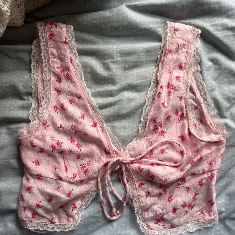 Floral Pink Lace Trim Sleepwear Top